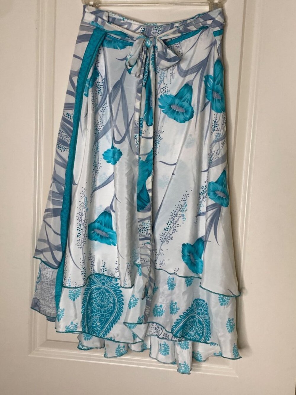 Reversible Silk Magic Wrap Skirt Teal Floral Paisley Boho Festival Beach OS - Picture 8 of 11